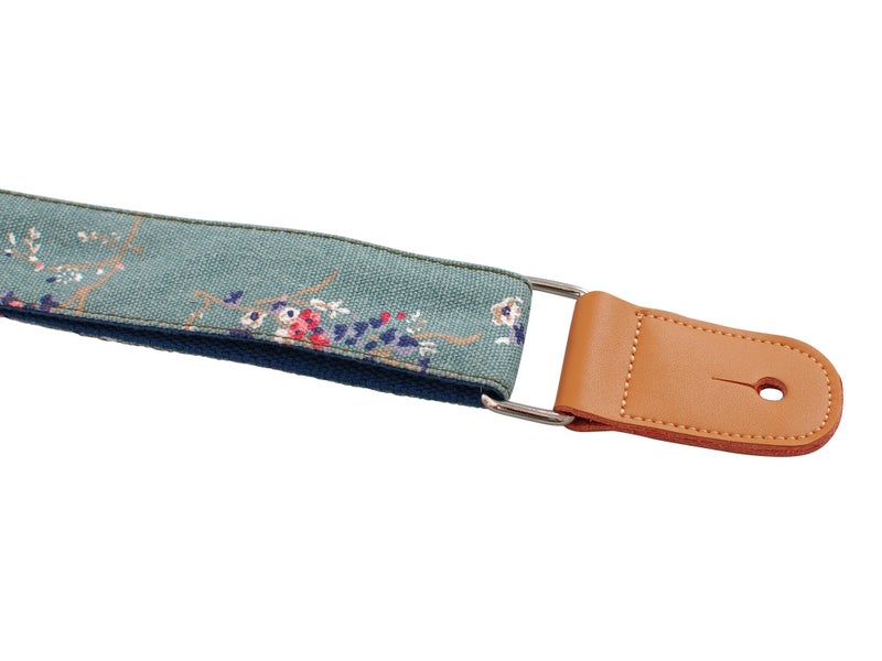 MUSIC FIRST Original Design Vintage Style â€œPlum Flowersâ€ Soft Canvas & Genuine Leather Ukulele Strap Ukulele Shoulder Strap With a Genuine Leather Strap Locker - Image 4